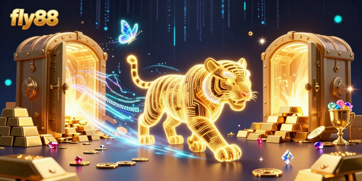 Bet on fly88 with dynamic casino elements featuring a glowing golden tiger and treasure vault.