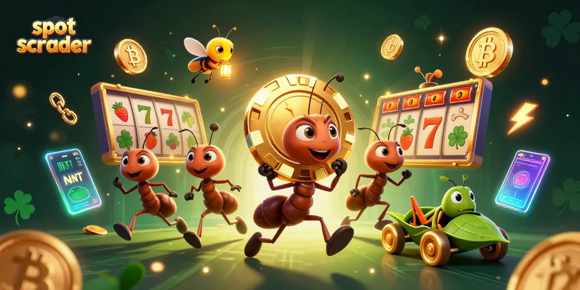 Engaging scene of a slot scatter adventure with ants, showcasing a golden poker chip heist.