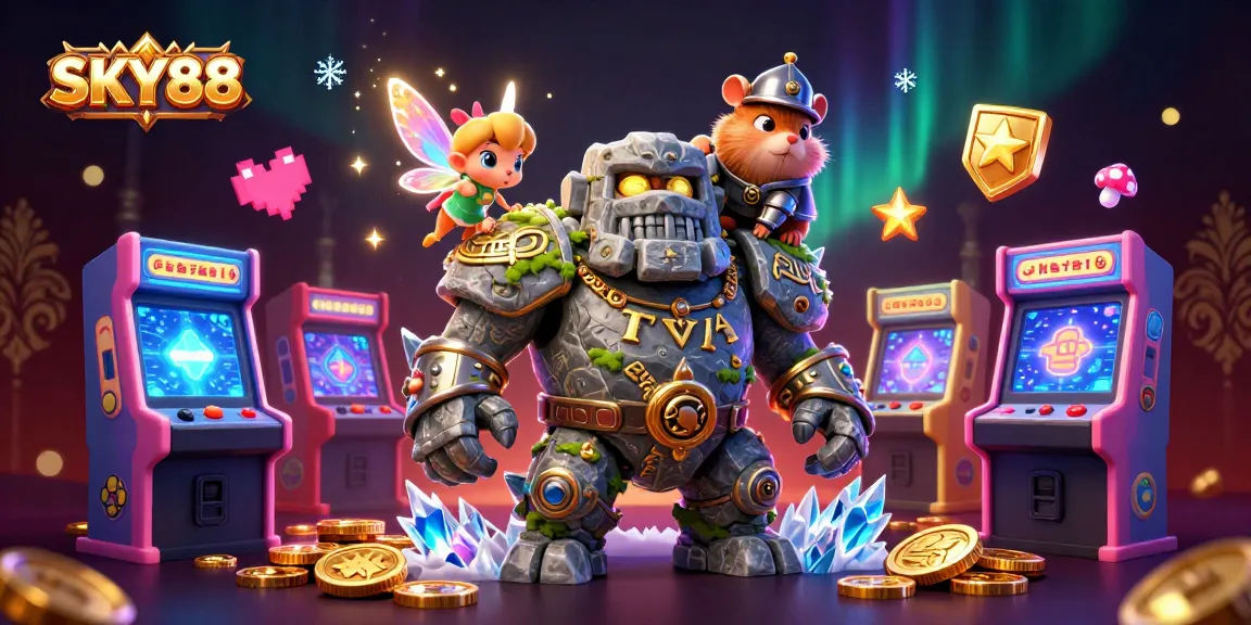 Experience the magical adventure at SKY88 with a golem guardian, fairy magic, and vibrant casino elements.