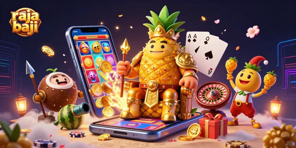 Engage with raja baji's thrilling casino scene featuring a golden pineapple king and dynamic gaming elements.