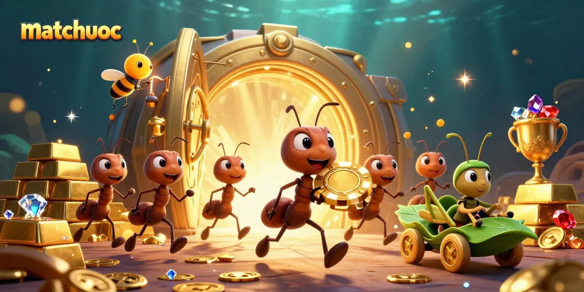 Experience an adventurous matchuoc heist as ants transport a giant poker chip amidst treasures.