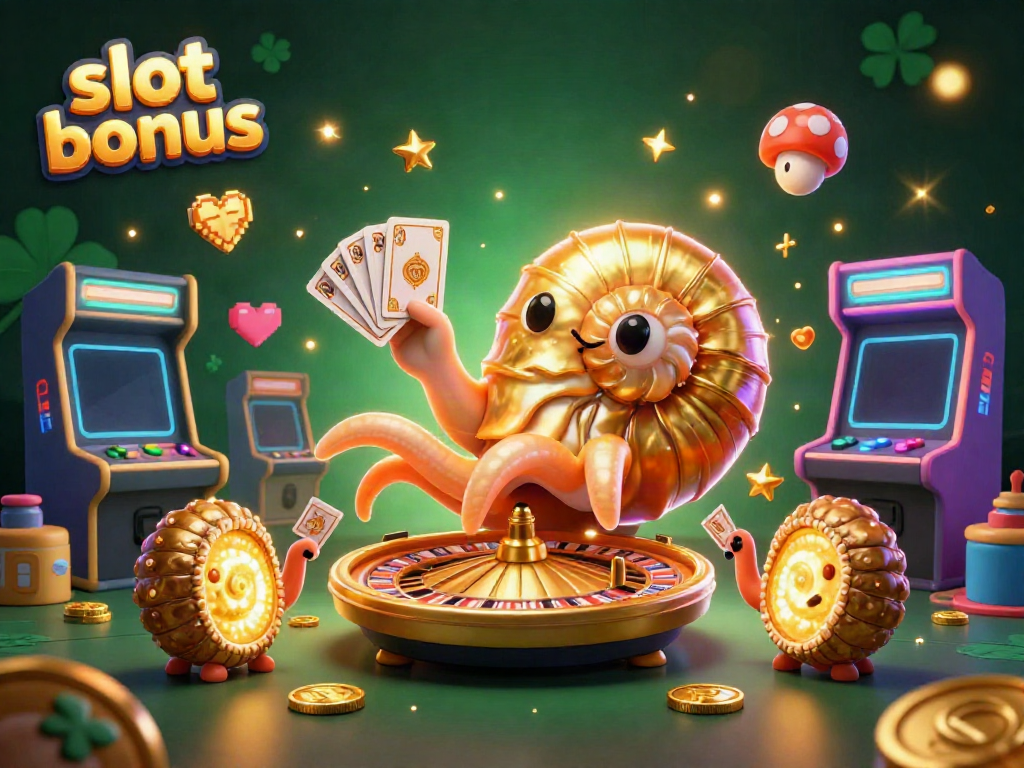 Engage with the exciting slot bonus features illustrated by a giant nautilus and ammonite companions amidst dazzling arcade machines.