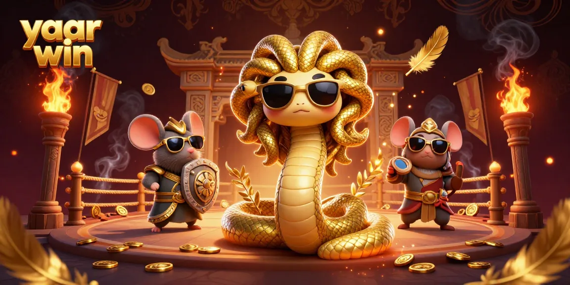 Engage with yaar win in a vibrant casino scene featuring golden snakes, warrior mouse, and dynamic betting elements.