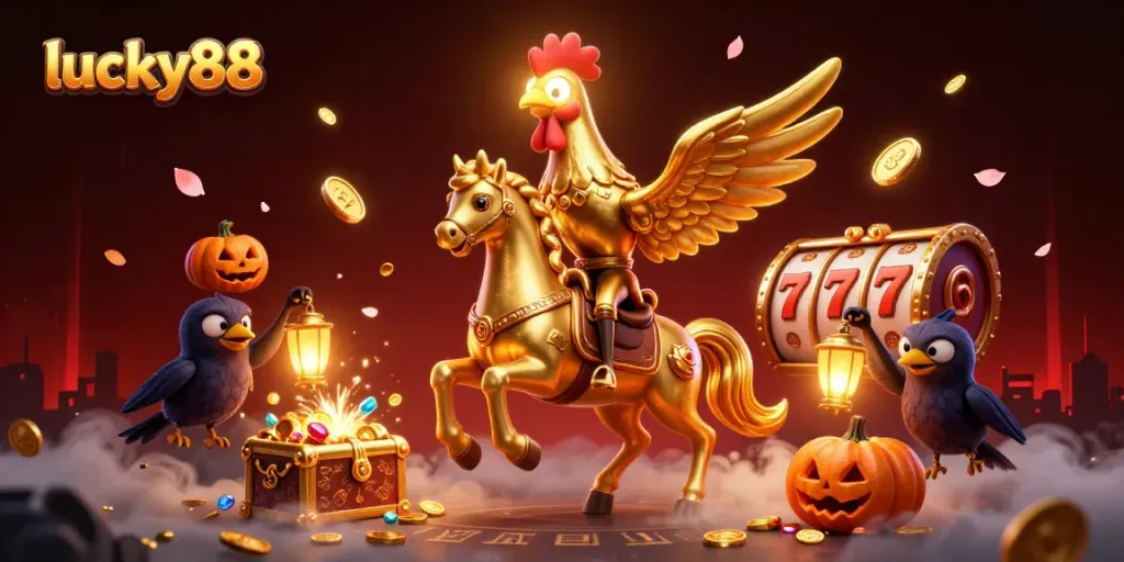Play lucky88 slots in an enchanting casino filled with gold coins and vibrant game elements.