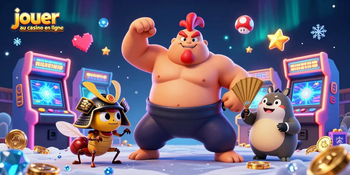 Jouer au casino en ligne avec un puissant sumo, un cricket samouraï et un tanuki animateur dans un décor coloré.