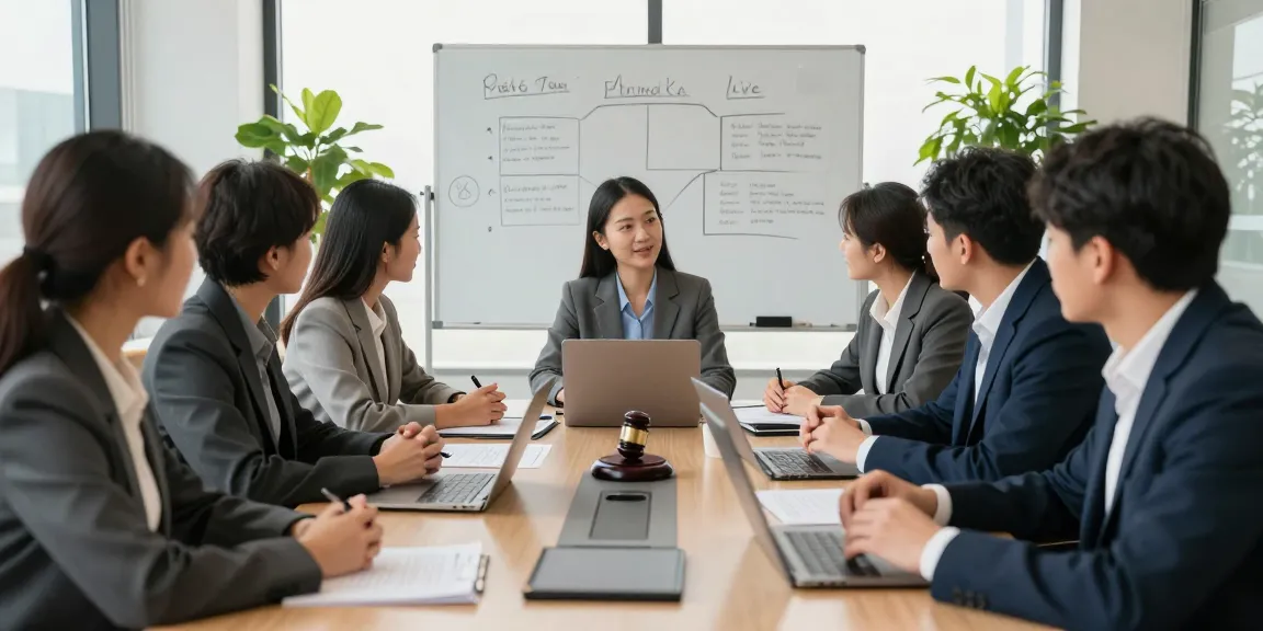 Collaborative legal team discussing family law strategies, why not find out more in a modern office.