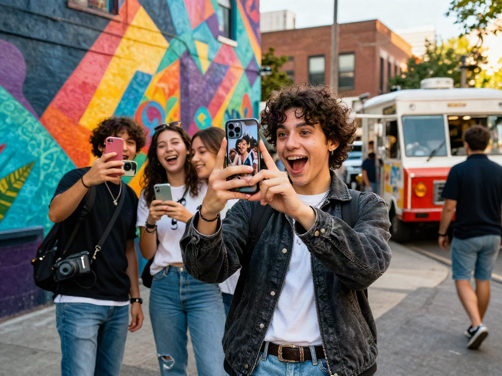 Person discovering they look like a celebrity through selfies in a vibrant urban setting