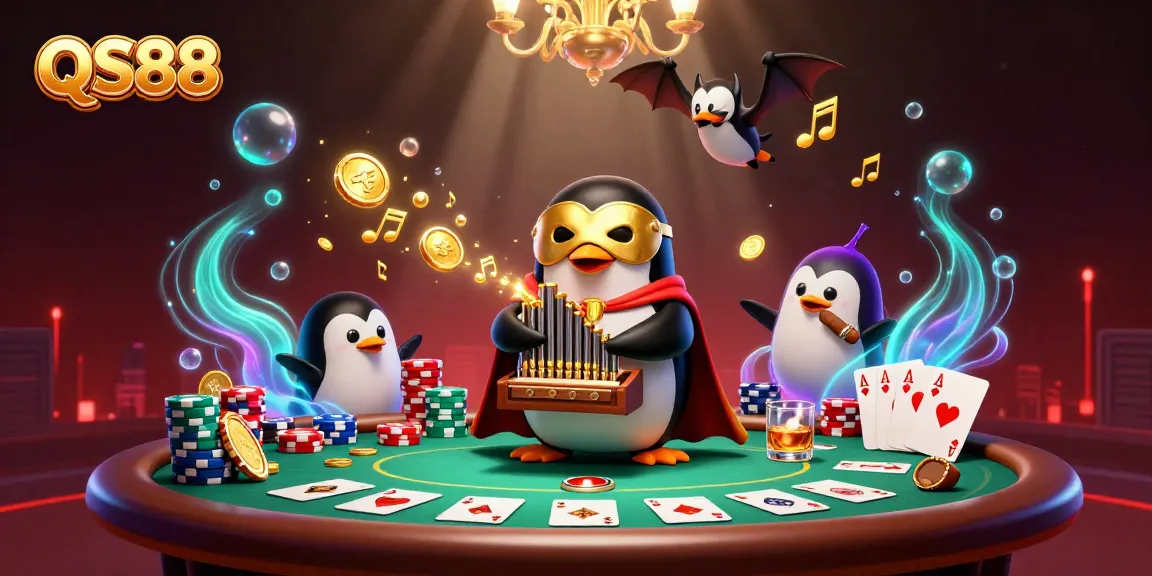 Engage in thrilling action at QS88 with a vibrant casino scene featuring a penguin and gold coins.