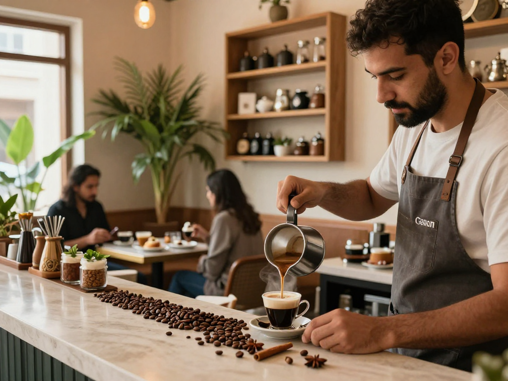 قهوجي الرياض يعد القهوة العربية مع بهاراتها في مقهى مريح.