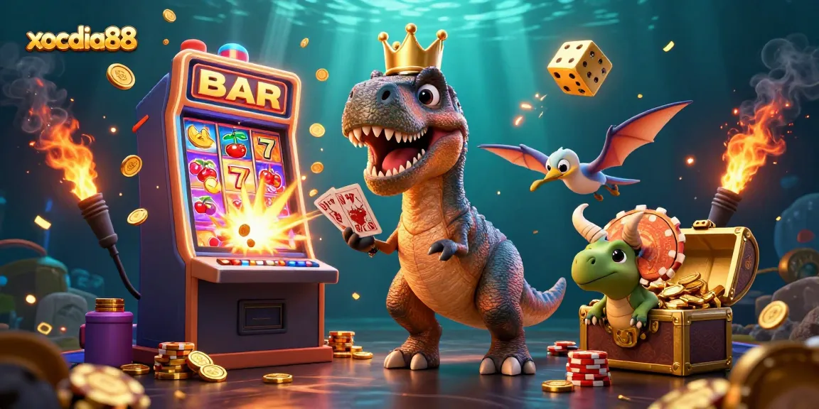 Engage in top-notch gaming at xocdia88 with a dynamic scene of animated dinosaurs and casino elements.