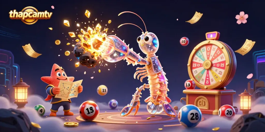 thapcamtv showcases a vivid, dynamic scene with a galactic samurai mantis shrimp amid golden gems and vibrant lottery elements.