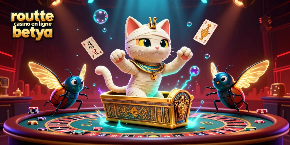 Experience roulette casino en ligne betya with a vibrant scene featuring a mummy cat, scrolling cards, and roulette games.