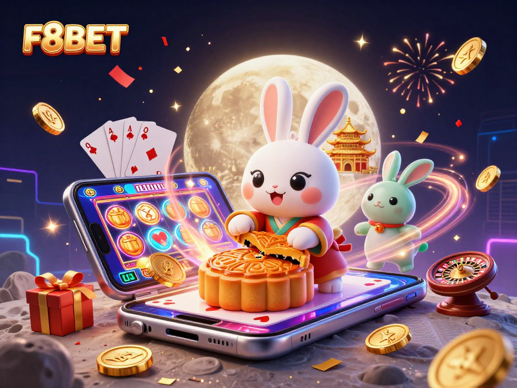 Experience the thrill of F8BET, where a moon rabbit unveils poker chips in a colorful casino scene.