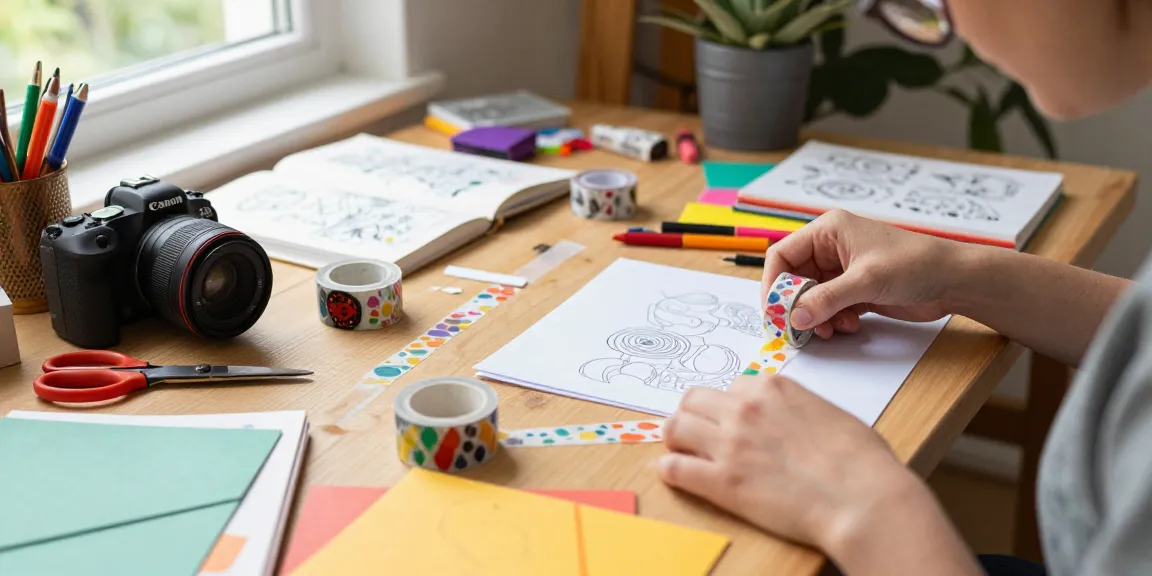 Designing custom washi tape at a vibrant craft table with colourful supplies and artistic tools.