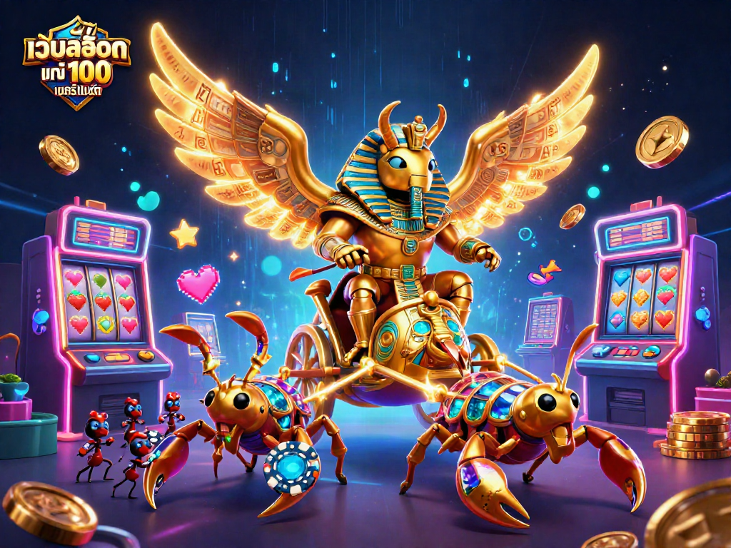 Experience the thrill of เว็บสล็อต แท้ 100 เปอร์เซ็นต์ with an ultra-detailed 3D illustration featuring a golden scarab and slot machines.