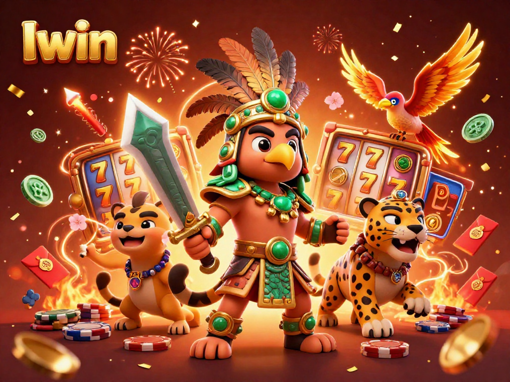 Iwin slots adventure with Aztec warrior characters and vibrant casino elements
