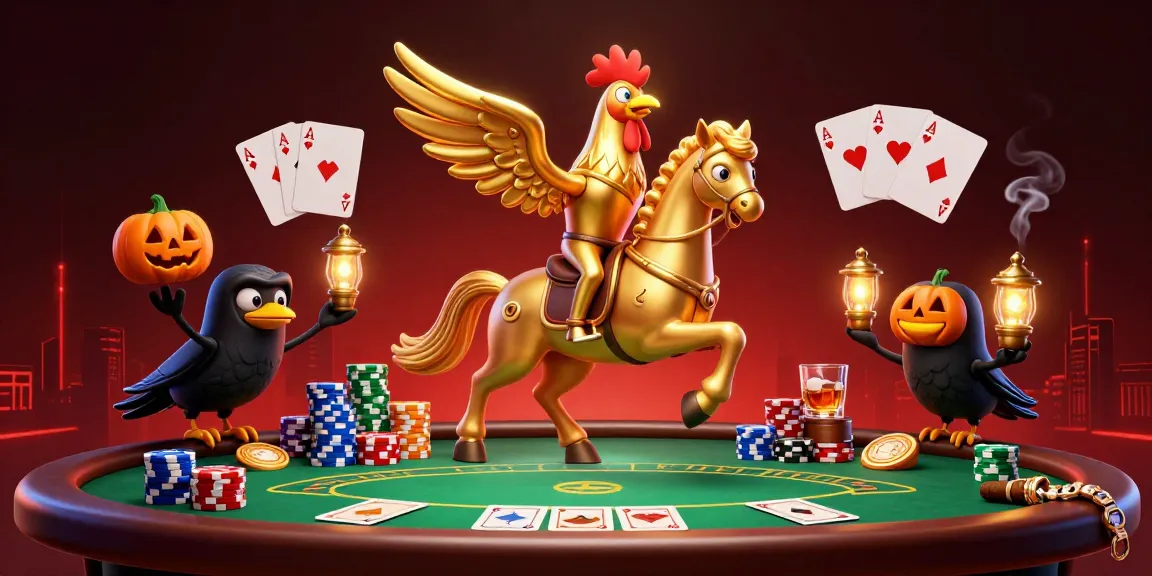 Valken delivers a vibrant casino scene where a golden rooster rides with poker chips and glowing elements.