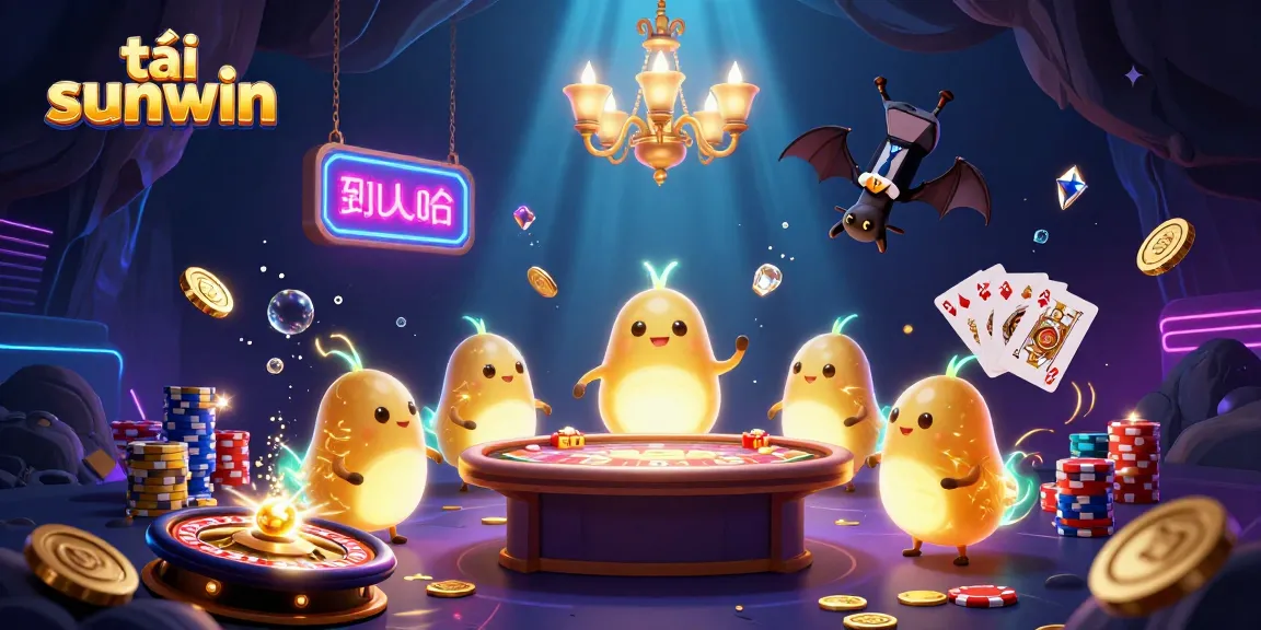 Win big by exploring tải sunwin in this vibrant cave casino illustration filled with glowworms.