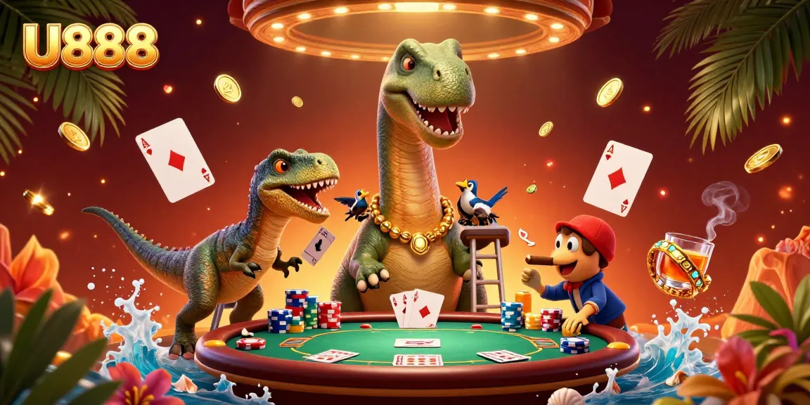 Players experience the thrill of U888 with a vibrant 3D casino scene featuring dinosaurs and poker elements.