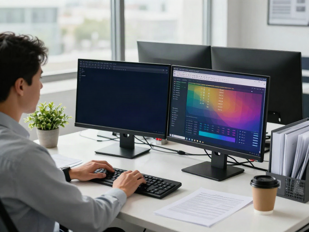 Dedicated tax preparer using tax office software in a modern workspace, showcasing productivity and professionalism.