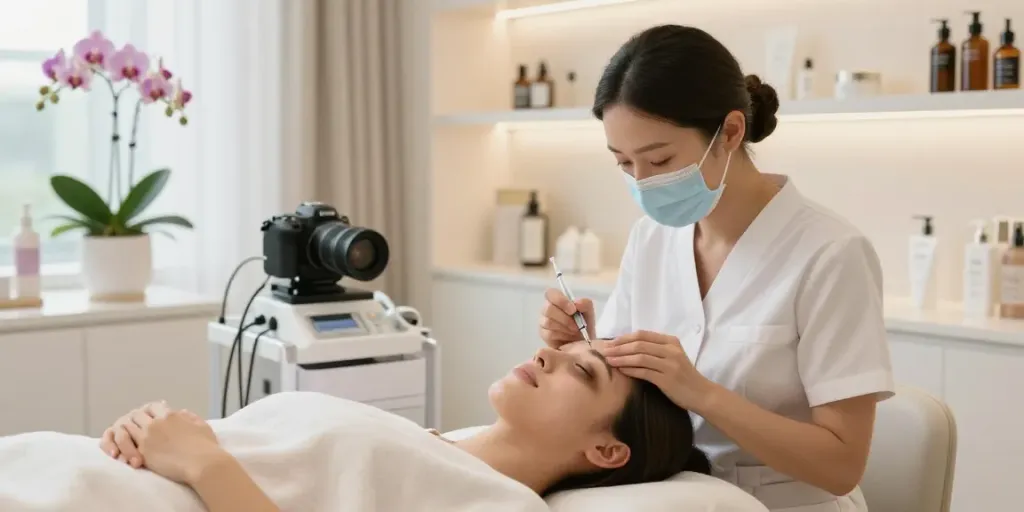 Augenringe entfernen in einem eleganten Schönheitssalon mit entspannter Atmosphäre.