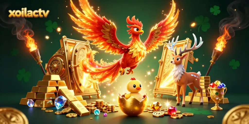 Experience thrilling action with xoilactv's dynamic casino scene, showcasing a phoenix and treasure riches.