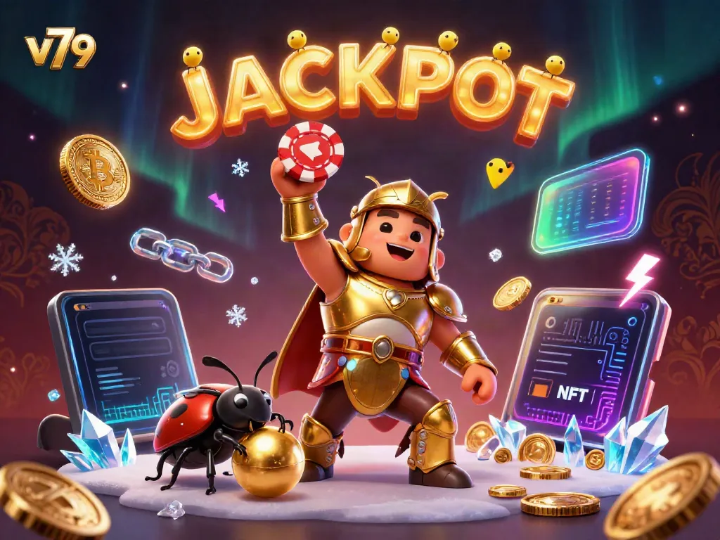 Experience the thrill of v79 as the hercules beetle celebrates a jackpot alongside neon crypto elements.
