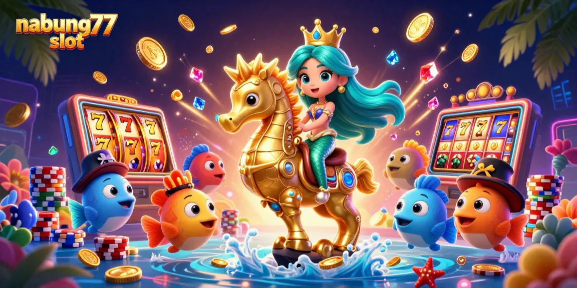 Spin to win at nabung77 slot with a mermaid princess on a golden seahorse and exciting casino elements.