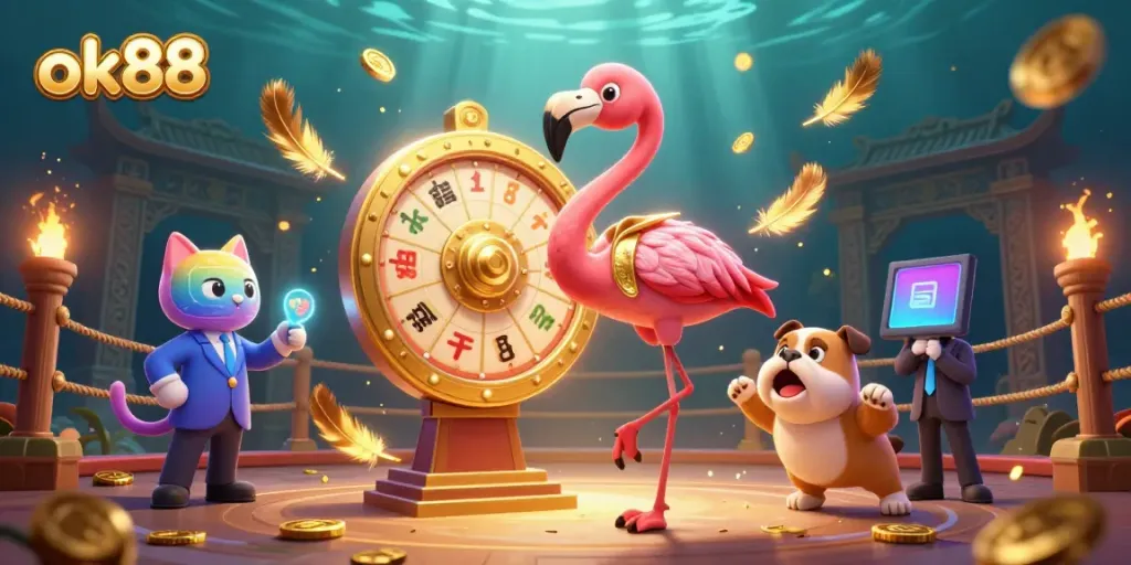 Spin the prize wheel with ok88 in this vibrant online casino 3D illustration.