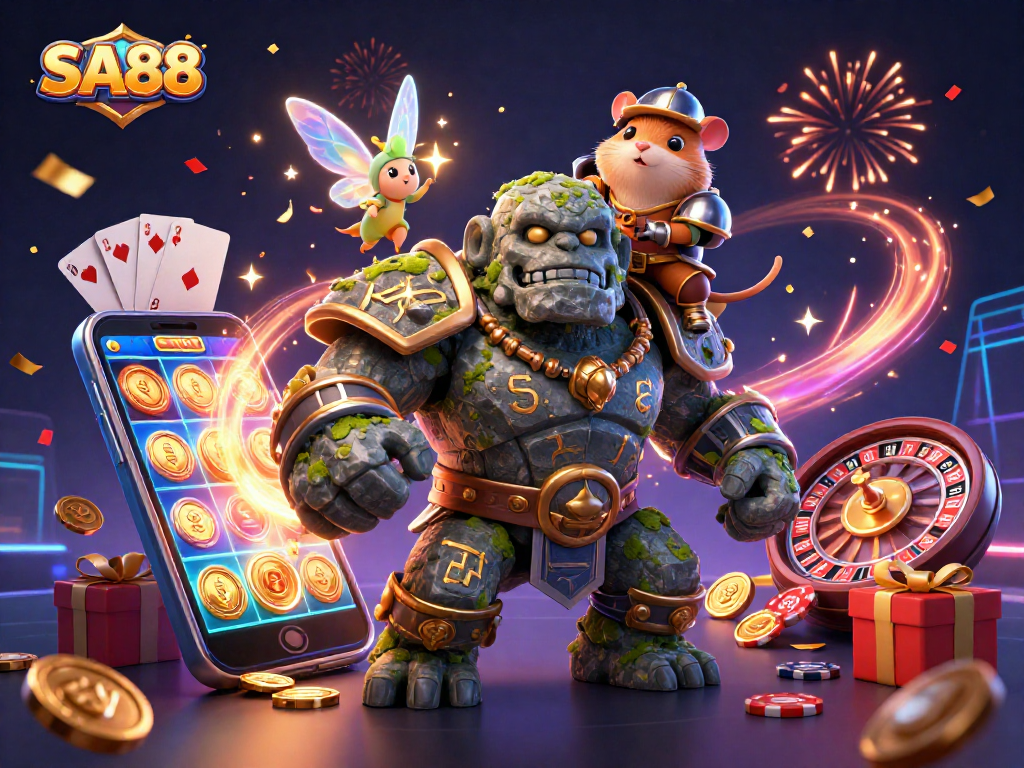SA88 players exploring a vibrant 3D casino landscape with animated characters and mobile gaming elements.