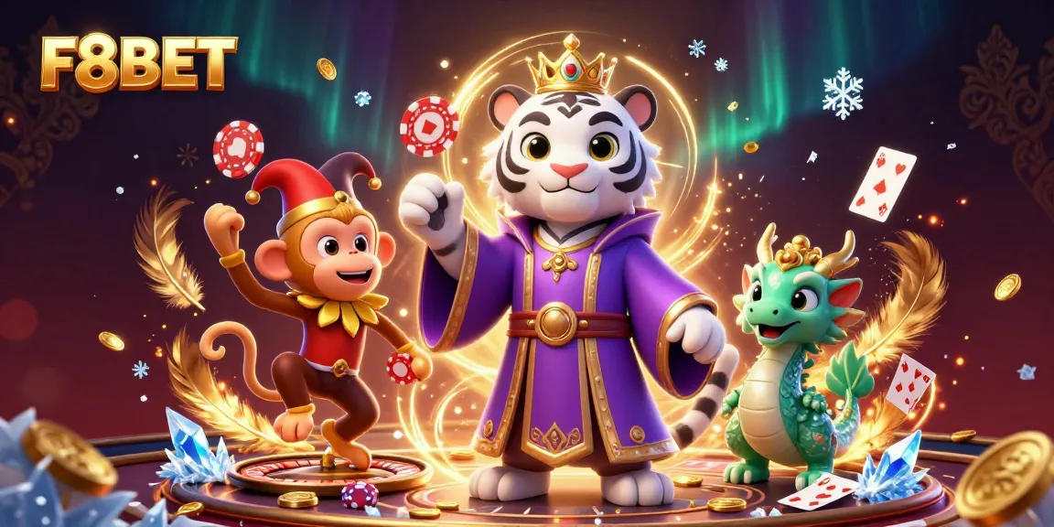 Engage in winning strategies with F8BET's vibrant illustration featuring casino elements and dynamic characters.