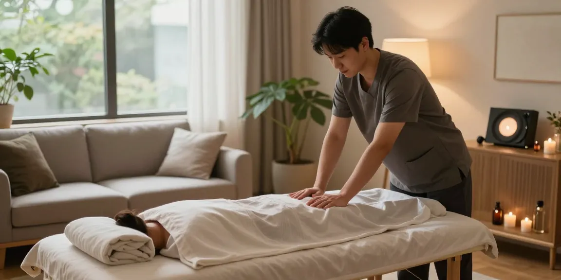 Serene home massage setup for 성남출장안마, featuring calming atmosphere with soft lighting, essential oils, and relaxing elements.