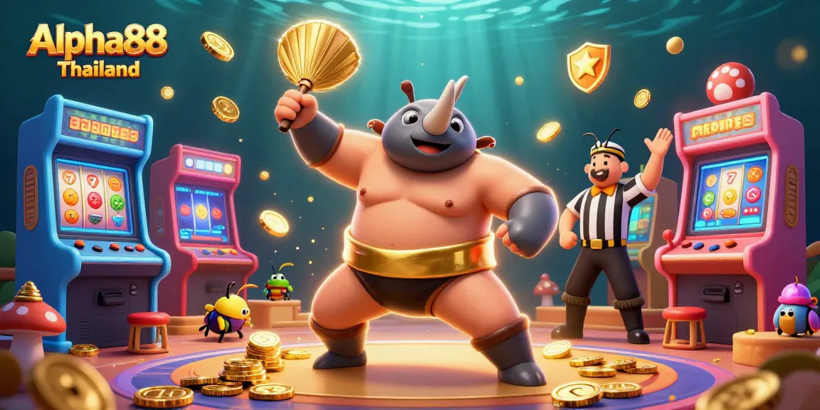 Experience exciting gameplay at Alpha88 Thailand with a vibrant casino scene featuring a sumo champion beetle and a cricket referee.