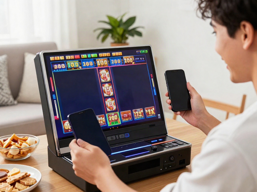 Excited player celebrating a win while playing slot online on their smartphone in a cozy living room.