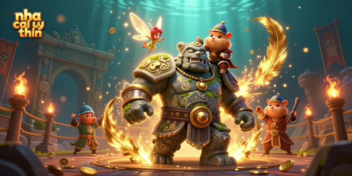 Experience the magic of nha cai uy tin with a 3D illustration featuring a stone golem and magical companions.