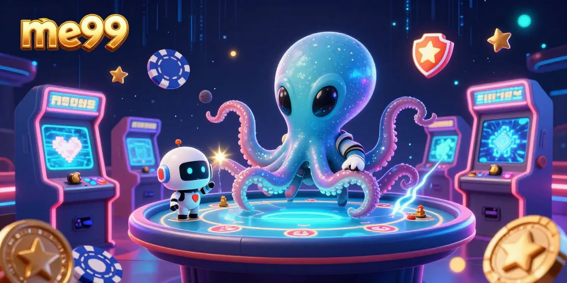 Experience thrilling poker action with me99's colorful alien-themed casino illustration.