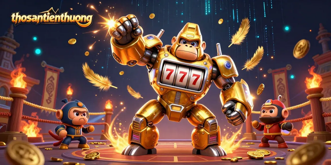 Experience the thrill of thosantienthuong with a golden gorilla mech fighting for big wins in an immersive casino scene.