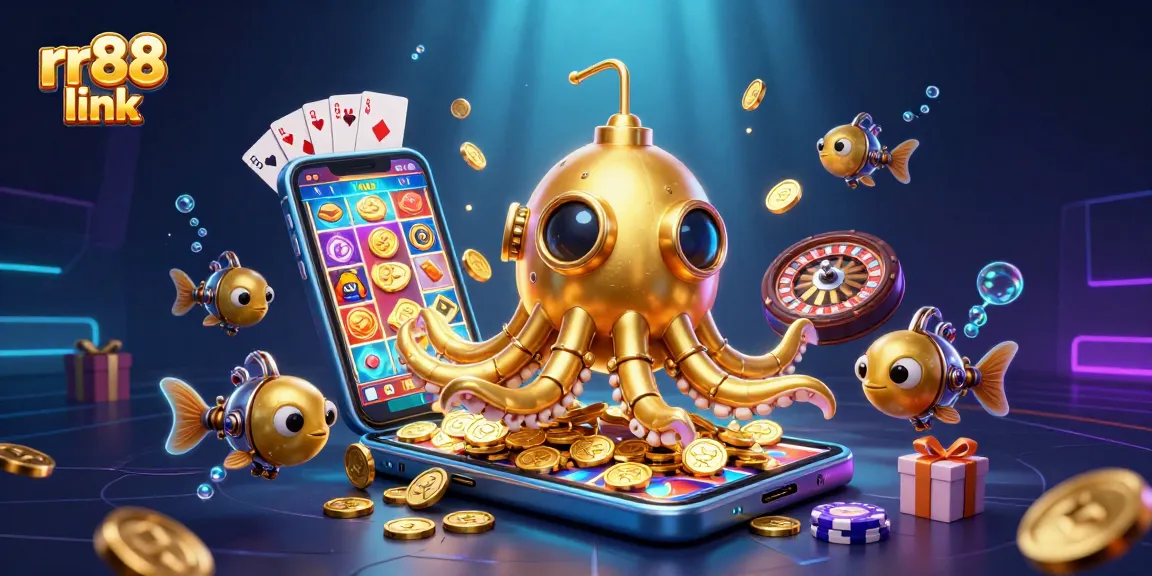 Engage with the thrilling rr88 link experience as a golden kraken submarine emerges amidst coins and gaming elements.
