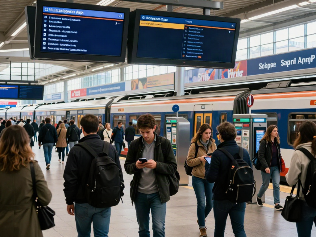 Commuters checking their devices for Sciopero alerts at a busy train station.