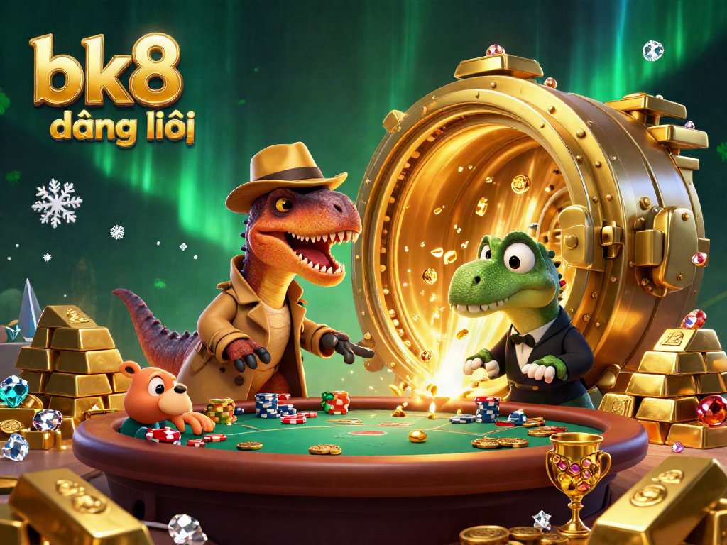 Experience the excitement of bk8 đăng nhập with a dynamic gambling scene featuring cartoon dinosaurs at a blackjack table.
