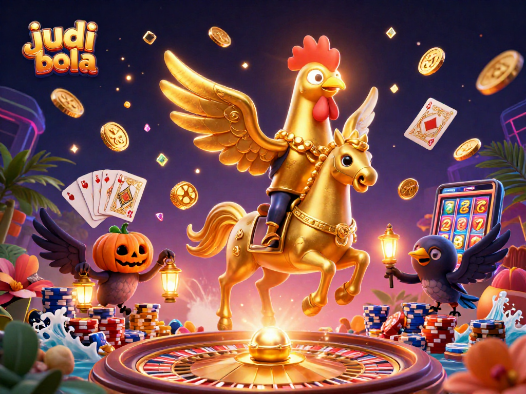 Experience the thrill of judi bola with dynamic casino scenes featuring a golden rooster and lavish game elements.