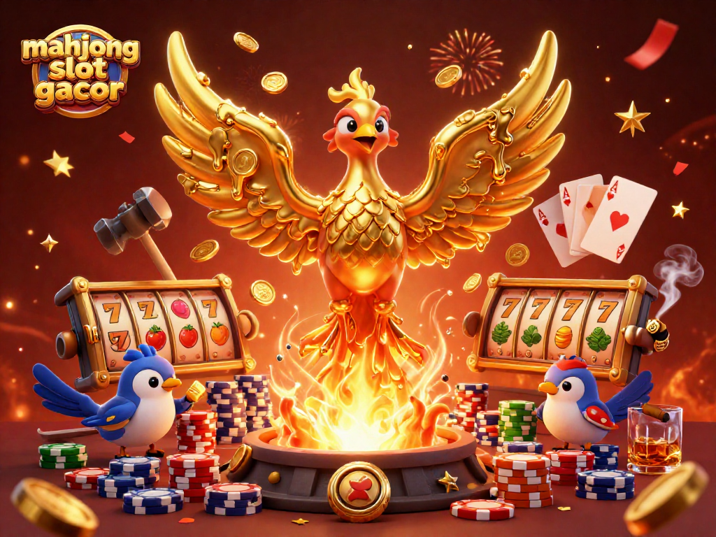 Experience mahjong slot gacor in a vibrant 3D casino scene featuring golden phoenix and slot elements.