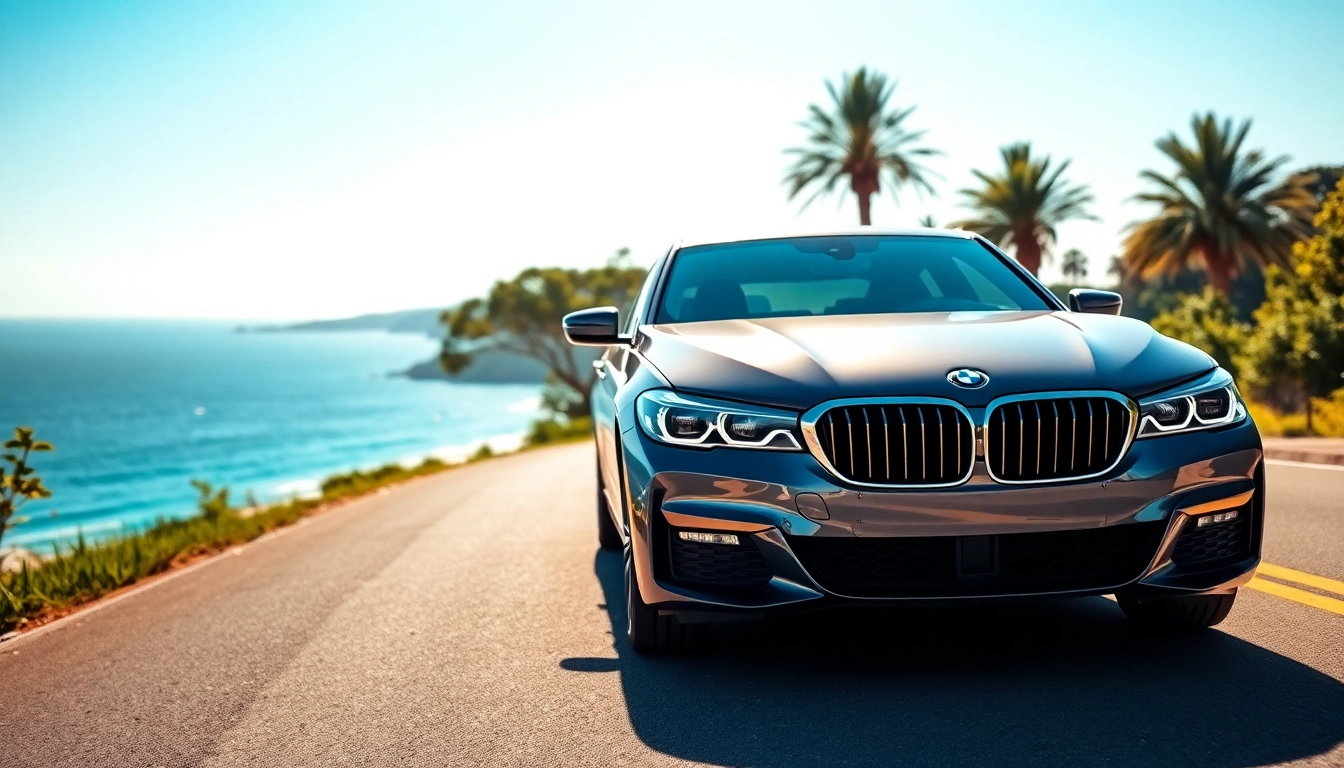 Experience the luxury BMW car against scenic coastal views highlighting its elegance and design.