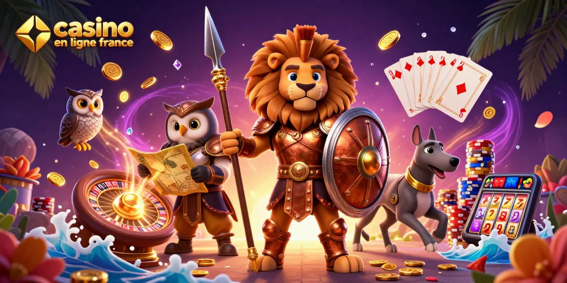 Jouez au casino en ligne France avec cette illustration 3D dynamique, mettant en avant des personnages et des éléments de jeu captivants.